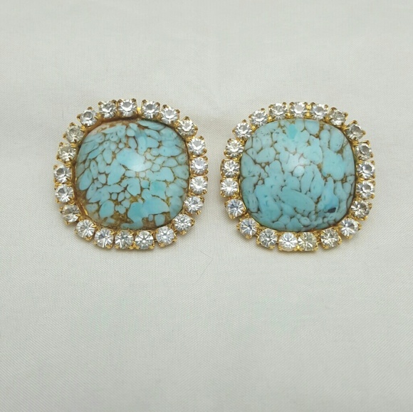 Vintage Faux Turqoise & Clear Rhinestone Earrings - Picture 7 of 7